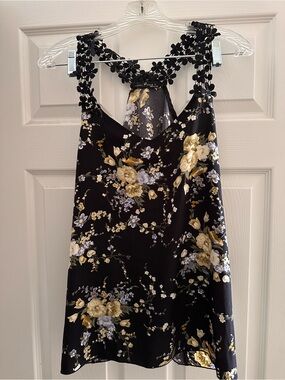 Floral Lace-Trim Black Floral Tank Top